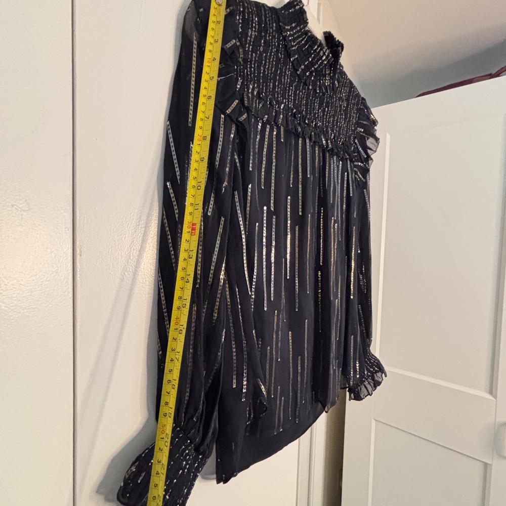 Elie Tahari Black & Gold 🐝 metallic ribbon bib Blouse - Picture 12 of 13